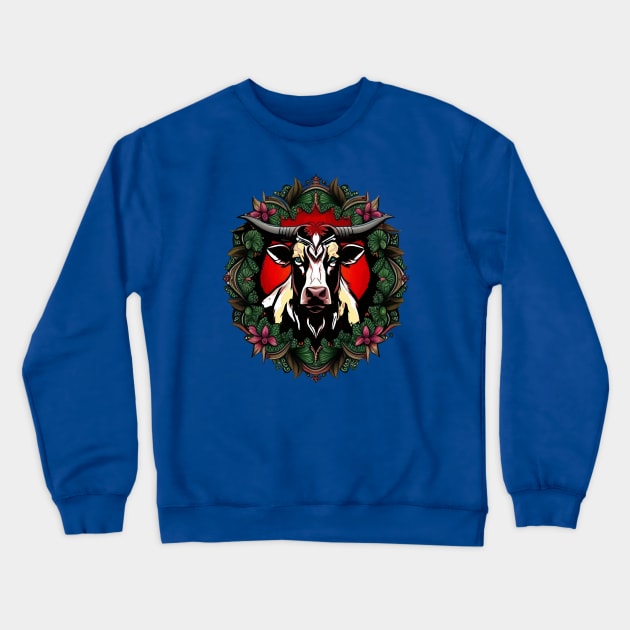 Ox Surrounded By A Wreath Of Red Clover Tattoo Style Art Crewneck Sweatshirt by taiche